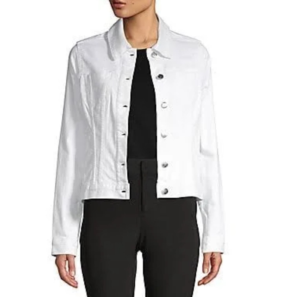 Karl Lagerfeld Paris Womens White Denim Jacket Large Back Logo‎ Script Size S